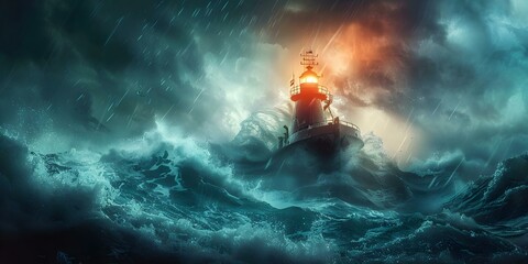 Lighthouse beacon guides rescue teams to save crew from sinking shipwreck in stormy seas. Concept Stormy Seas, Lighthouse Rescue, Sinking Shipwreck, Beacon Guidance, Rescue Team - obrazy, fototapety, plakaty