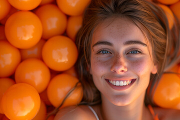 Close-up of smiling beautiful woman lying in orange ball pit
