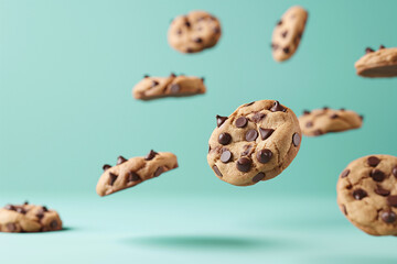 chocolate chip cookies floating in the air, space for copy. - obrazy, fototapety, plakaty