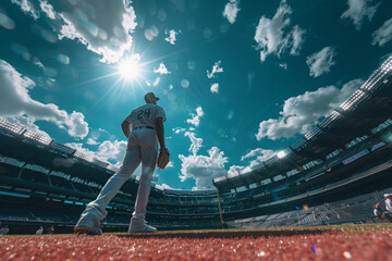 A baseball pitcher stands in the stadium on a sunny day - Powered by Adobe