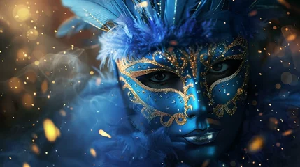 Foto op Canvas Realistic luxury carnival mask with blue feathers. Abstract blurred background, gold dust © Naila