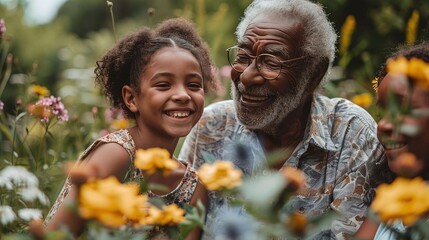 Joyful moments shared between a granddaughter and her grandfather in a sunny flower garden. - obrazy, fototapety, plakaty