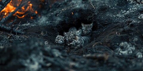 International Firefighters Day, a family of wolves looks out of a hole against the background of a burning forest, forest fires, rescue of wild animals, environmental disaster - obrazy, fototapety, plakaty