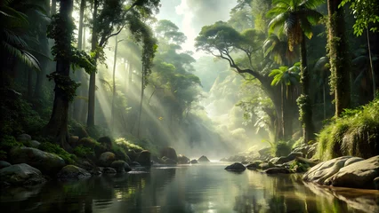 Gordijnen Tropical jungle waterfall surrounded by lush greenery, rocks, and trees, with a flowing river beneath, exotic wallpaper. Generative ai © designermetin