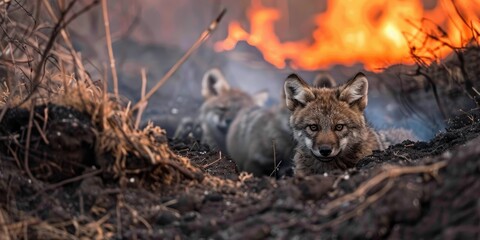 International Firefighters Day, a family of wolves looks out of a hole against the background of a...