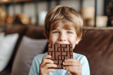 Cute little boy eating chocolate bar at home. Unhealthy food for kids - obrazy, fototapety, plakaty