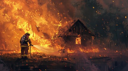 Firefighter extinguishing a fire in a burning house using a water foam hose. Bravery and heroism of firefighters in combating fires and protecting lives and property.  - obrazy, fototapety, plakaty