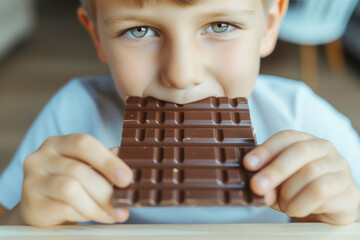 Child enjoys indulgent chocolate bar - obrazy, fototapety, plakaty