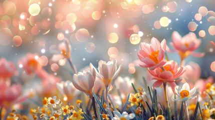 shimmering daisies, daffodils, tulips, crocuses. banner , wallpaper, background with soft pastel colors, thin shimmering, spiral, mirrored bokeh background. a place to place a business concept, text, 