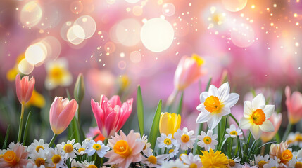shimmering daisies, daffodils, tulips, crocuses. banner , wallpaper, background with soft pastel colors, thin shimmering, spiral, mirrored bokeh background. a place to place a business concept, text, 