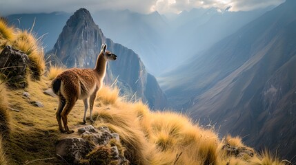 Fototapeta premium Majestic llama overlooking a scenic mountain valley at sunrise. Perfect for nature and travel themes. Serene and wild landscape capture. AI
