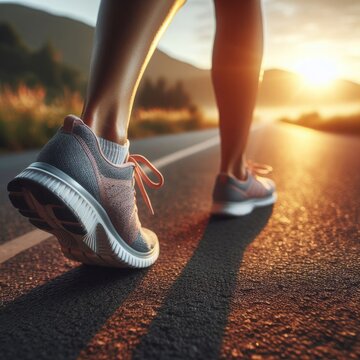 The close-up image captures the feet of a runner pounding the pavement, focusing on the shoe, symbolizing a woman's dedication to fitness with a sunrise jog, embodying the concept of wellness