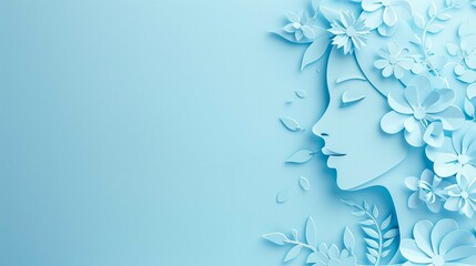 Woman's Face and Floral style paper cut in pestle blue color with copy space on pestle blue background - obrazy, fototapety, plakaty