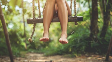 Women legs, barefoot girl sitting on swings in nature, outdoor on summer holiday. - obrazy, fototapety, plakaty