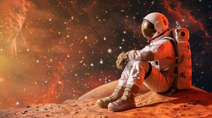 A lone astronaut steps forward on a rocky desert planet. Science fiction universe exploration. Future concept. Illustration for cover, card, postcard, interior design, poster, brochure or presentation