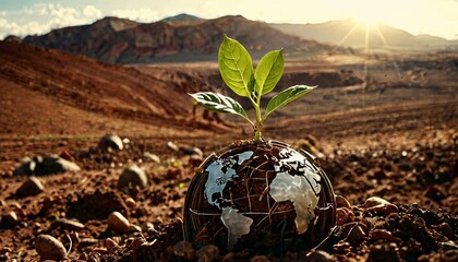 A green sprout from a globe signifies sustainability against a barren environment, as the warm sunlight heralds a brighter future. - obrazy, fototapety, plakaty