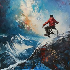 An inspiring artwork of a person in a wheelchair facing majestic mountains, symbolizing hope and strength