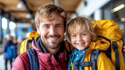 Father and son with backpacks travel