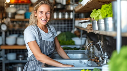 Fototapeta na wymiar Cheerful waitress washes dishes in restaurant kitchen
