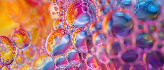 Abstract color texture background, bubbles of rainbow oil, pink liquid surface pattern. Concept of multicolored, iridescent, water, gradient, banner.