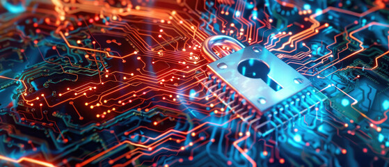 Cyber data lock on abstract circuit board background, digital protection of computer information. Concept of technology, padlock, secure, privacy, security,