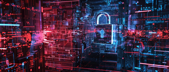 Cyber padlock on abstract dark data background, digital protection of computer information. Concept of technology, lock, secure, privacy, security, art