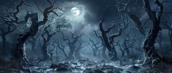 Dark strange spooky forest, scary fairy tale woods at night, surreal landscape with dry crooked trees and moon. Concept of fantasy, horror, haunted enchanted nature