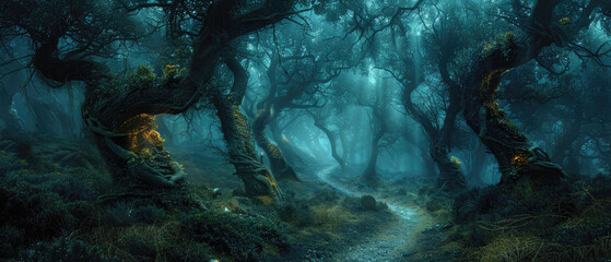 Dark spooky forest, scary fairy tale woods at dusk, strange surreal landscape with crooked trees...