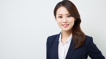 A woman in a business suit is smiling for the camera