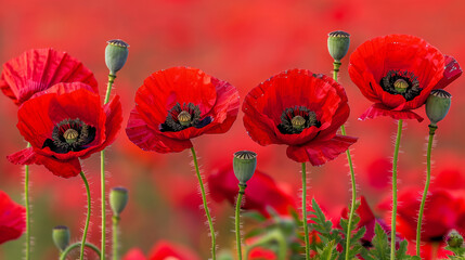 Obraz premium Vibrant Poppy Field. A close-up view of bright red poppies in full bloom, contrasted against a blurred background of similar flowers. This striking image captures the beauty of nature and the vivid co