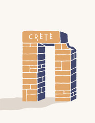 Landmark of the island of Crete. Ruins of the stone entrance arch. Minimalistic pattern for prints, stickers, decoration and design. Vector illustration