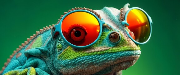 With mirrored sunglasses reflecting a fiery sky, this chameleon becomes the epitome of mystery. Its textured skin contrasts with the cool reflection, creating a dramatic and intriguing visual effect.
