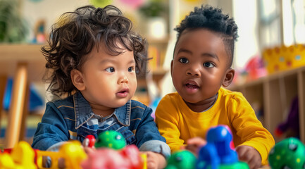 Two multiethnic toddlers playing toys in kindergarten. Adorable asian and black toddlers playing...