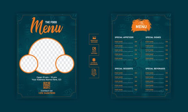 Food menu design template for restaurant with unique layout gradient