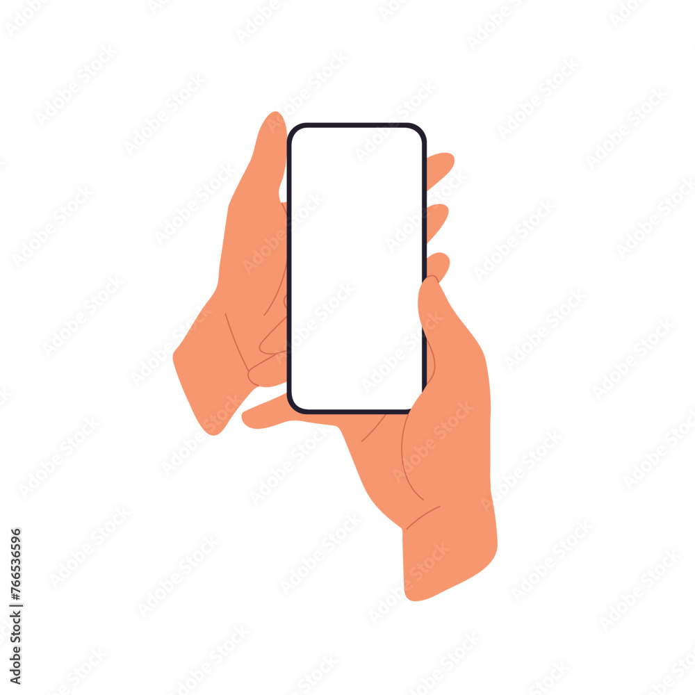 Poster mobile phone screen mockup in hand. smartphone display. flat vector illustration isolated on white