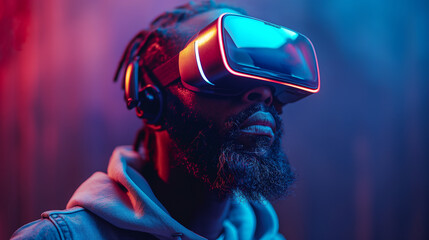 Tech-savvy bearded male in casual hoodie, engaged in VR exploration - obrazy, fototapety, plakaty