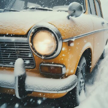 A classic car receives a gentle dusting of snow, its headlight piercing the winter haze. The image captures the timeless elegance of vintage automotive design against the quiet solitude of a snowfall.