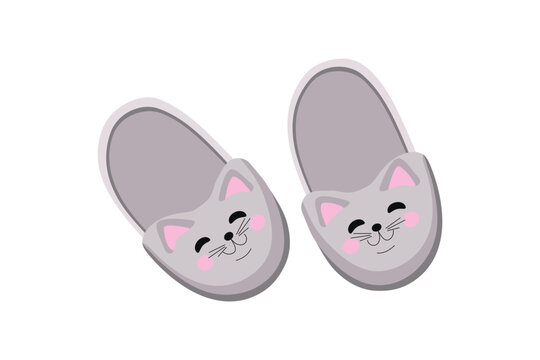 House slippers, cute pet, cute gray cat. Pair fluffy cute kitten shoes. Cartoon flat home warm comfortable sleeping shoes with animal head. Isolated on white background.