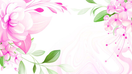 pink watercolor flowers and green leaves on pink background design