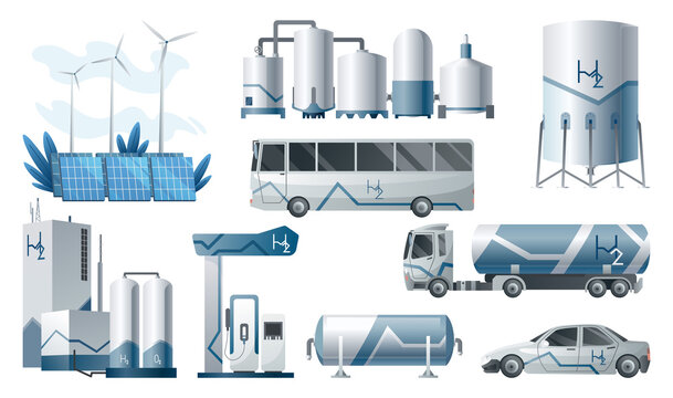 Hydrogen fuel. Green hydrogen. Hydrogen is ecological form of energy. Production and use of green energy from renewable natural resources.  illustration isolated on a white background