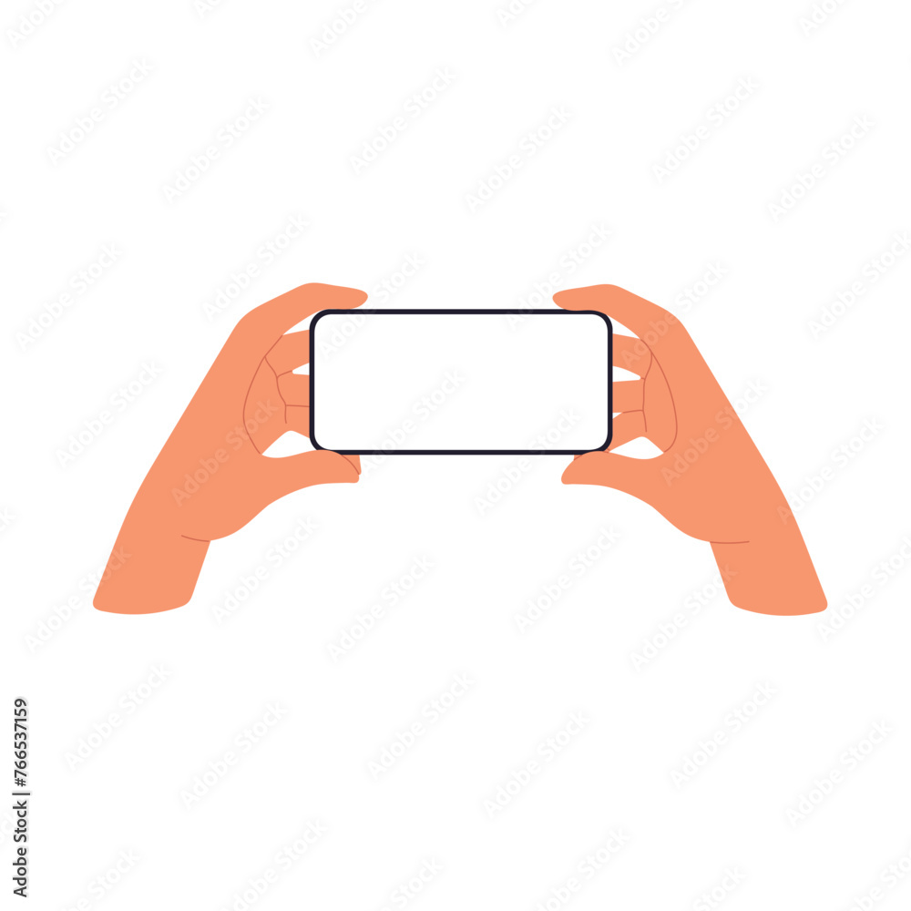 Poster horizontal mobile phone screen mockup in hand. flat vector illustration isolated on white