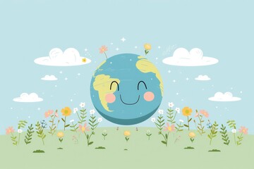 A delightful cartoon Earth smiles above a colorful field of flowers, suggesting themes of nature, happiness, and growth