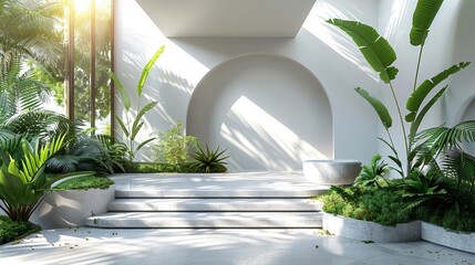 A modern interpretation of natures beauty with greenery and a minimalist white backdrop , 3D render, blender, business concept - obrazy, fototapety, plakaty