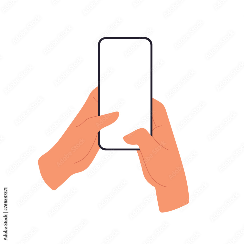 Poster hands texting on mobile phone screen mockup. two thumbs on smartphone. flat vector illustration