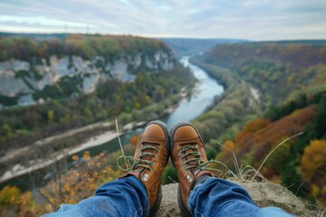 A tranquil scene unfolds as a hiker sits on the edge of a cliff, feet in sturdy hiking shoes against the backdrop of a winding river and the autumnal colors of the forest. - obrazy, fototapety, plakaty