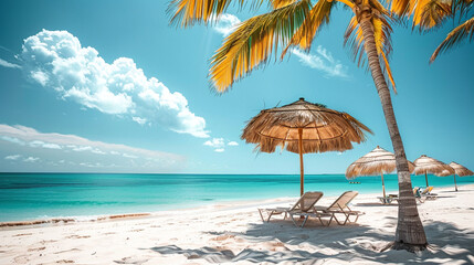 Photo of the sea, beach, sun loungers and palm trees. Summer rest concept