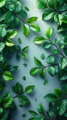 Creatively layered composition of green leaves and a clean white background , 3D render, blender, business concept