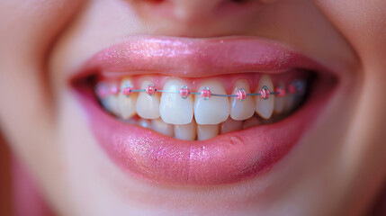 Beautiful female smile with straight white teeth and braces close-up