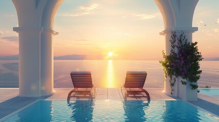 vacation, couple on the beach near swimming pool, luxury travel. Traditional mediterranean white architecture with arch sunset. Summer vacation concept.Happy viewpoint and enjoys