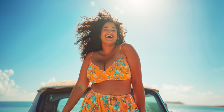 A laughing young plus-size woman on a sunlit beach with car in background radiates happiness and self-love, concepts of body positivity and self-esteem